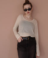 ショート丈シアークルーネックロンT