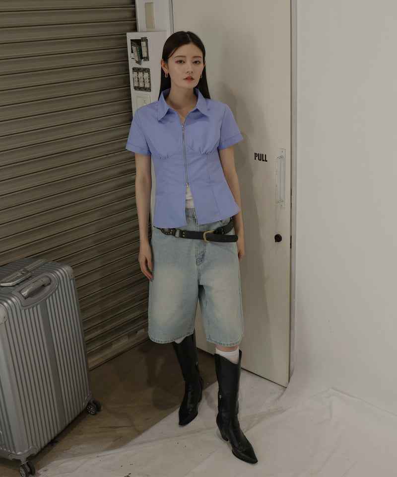 ダブルジップギャザー半袖シャツ