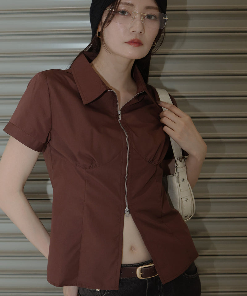 ダブルジップギャザー半袖シャツ