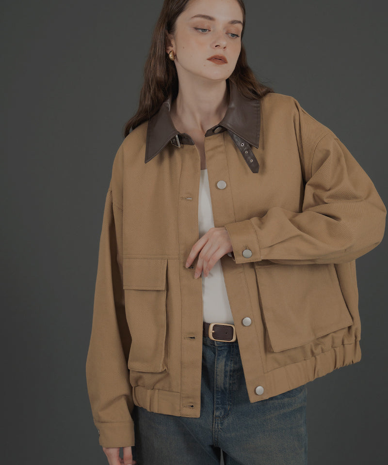 フェイクレザー切り替えバイカラーワークジャケット