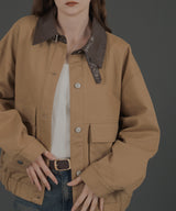 フェイクレザー切り替えバイカラーワークジャケット