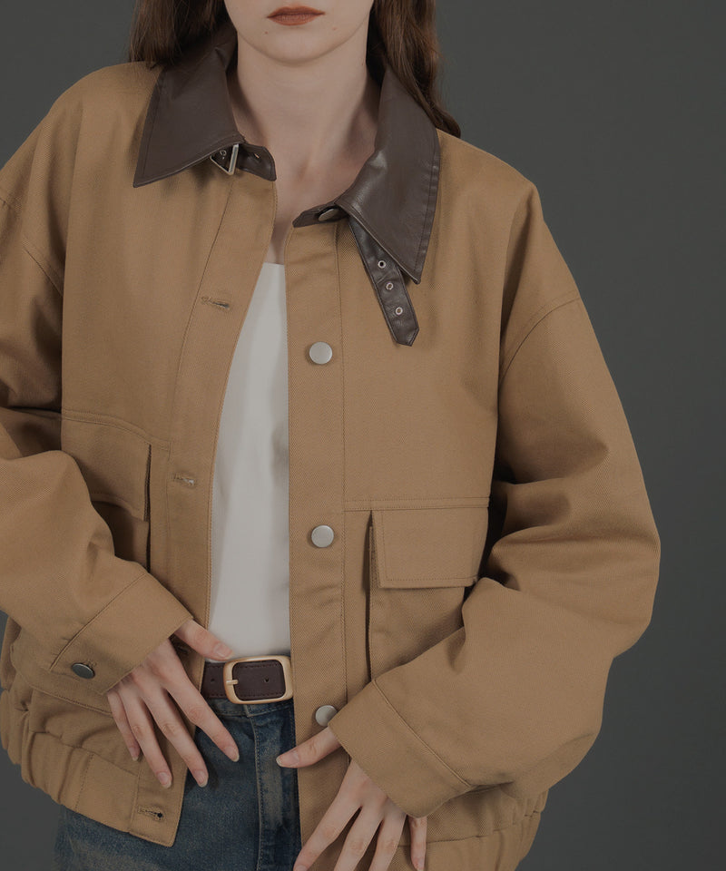 フェイクレザー切り替えバイカラーワークジャケット