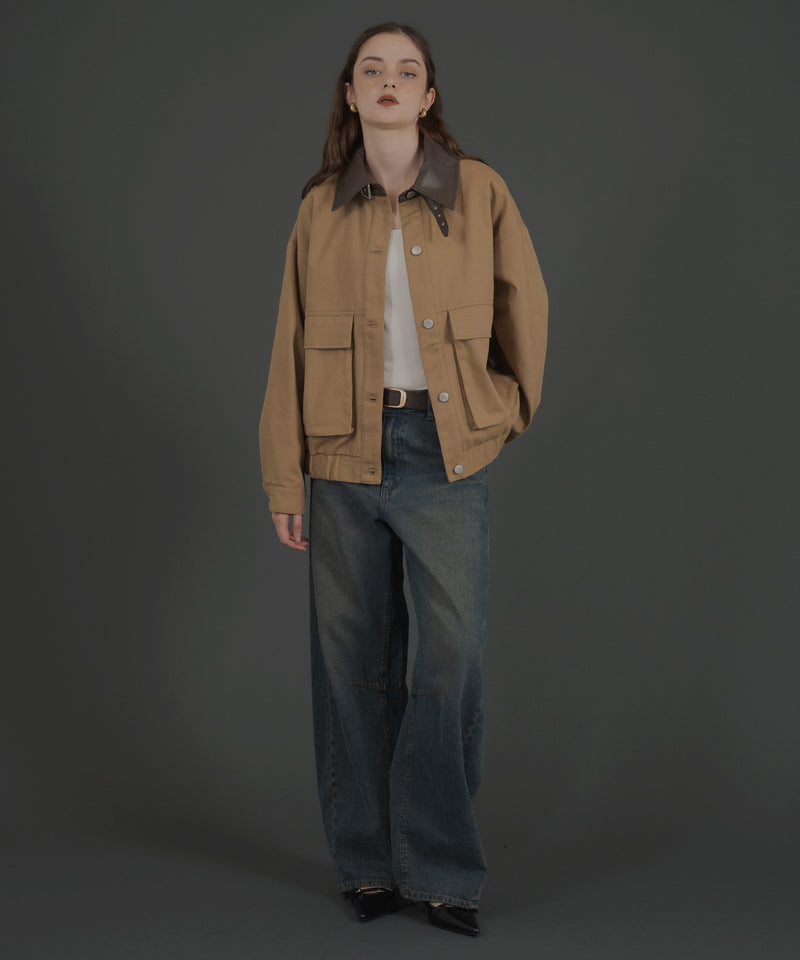 フェイクレザー切り替えバイカラーワークジャケット