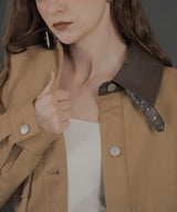 フェイクレザー切り替えバイカラーワークジャケット