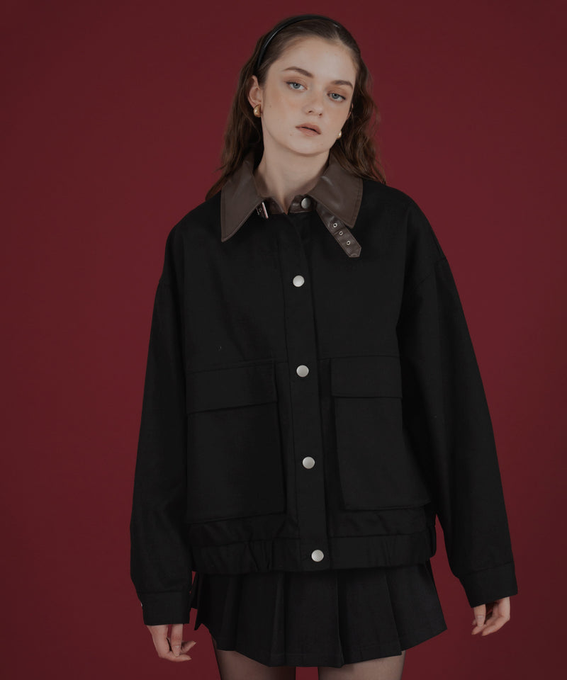 フェイクレザー切り替えバイカラーワークジャケット