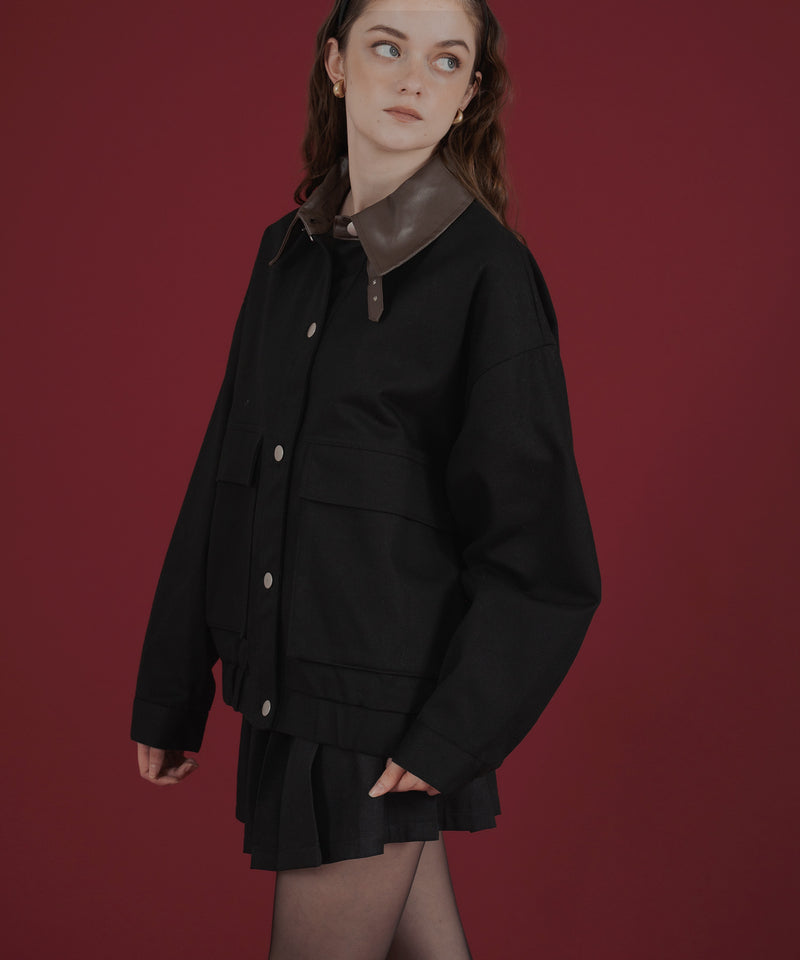 フェイクレザー切り替えバイカラーワークジャケット