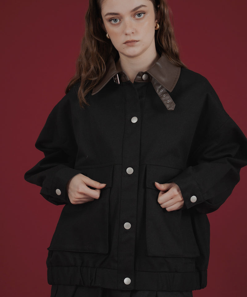 フェイクレザー切り替えバイカラーワークジャケット