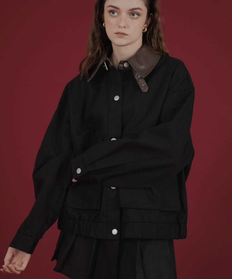 フェイクレザー切り替えバイカラーワークジャケット