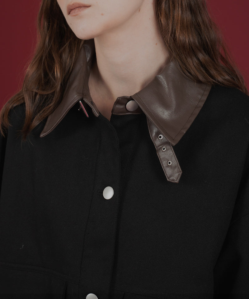 フェイクレザー切り替えバイカラーワークジャケット