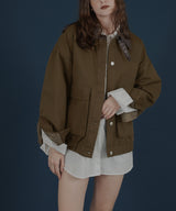 フェイクレザー切り替えバイカラーワークジャケット