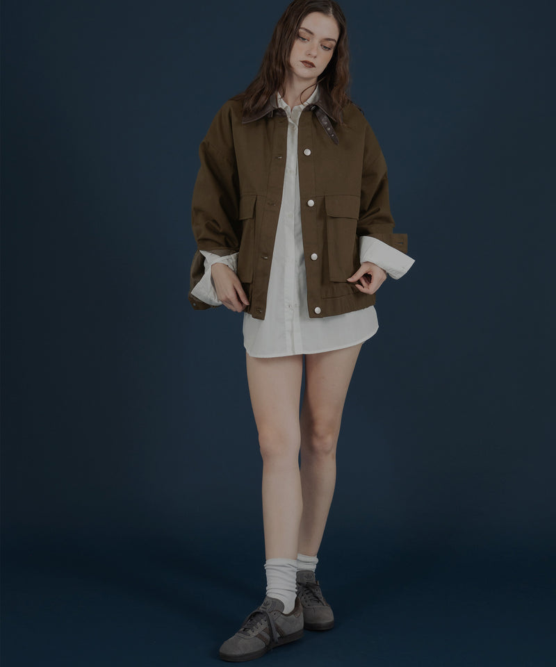 フェイクレザー切り替えバイカラーワークジャケット