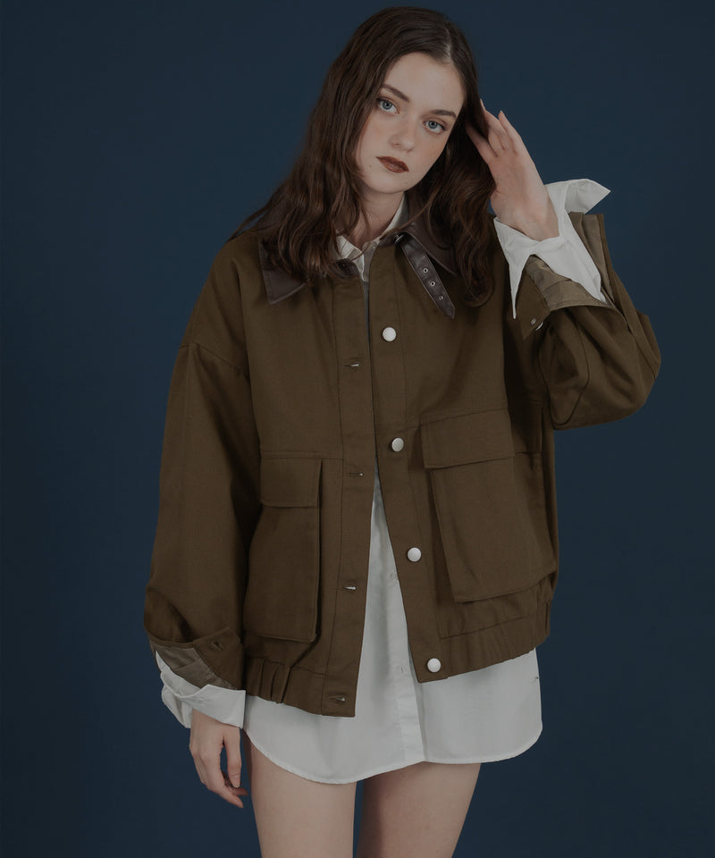 フェイクレザー切り替えバイカラーワークジャケット