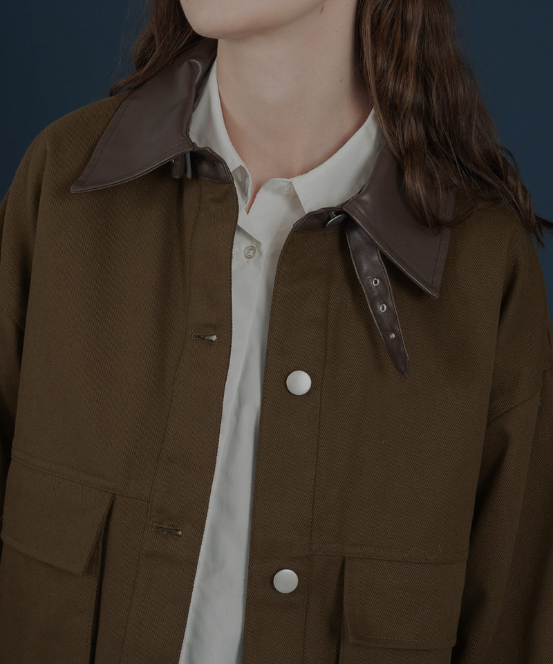 フェイクレザー切り替えバイカラーワークジャケット