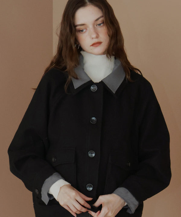 レーヤード風バイカラーネックフェイクウールジャケット