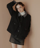 レーヤード風バイカラーネックフェイクウールジャケット