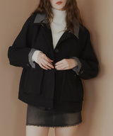 レーヤード風バイカラーネックフェイクウールジャケット