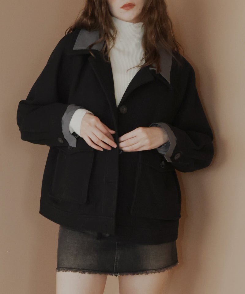 レーヤード風バイカラーネックフェイクウールジャケット