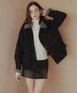 レーヤード風バイカラーネックフェイクウールジャケット