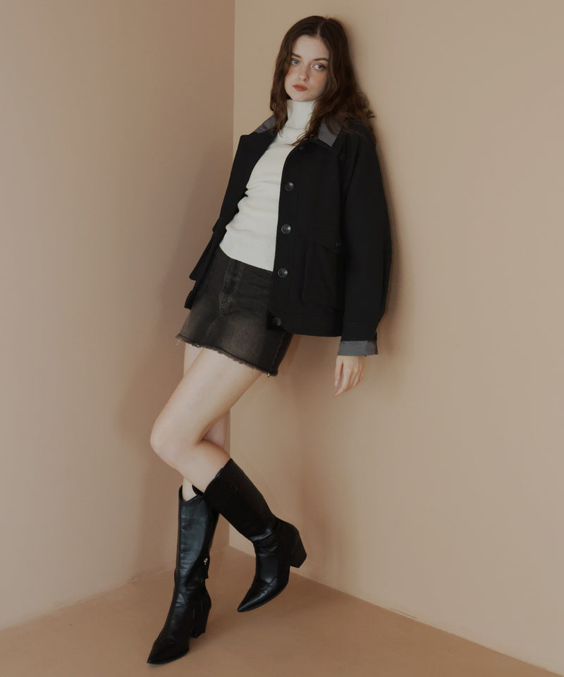 レーヤード風バイカラーネックフェイクウールジャケット