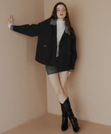 レーヤード風バイカラーネックフェイクウールジャケット