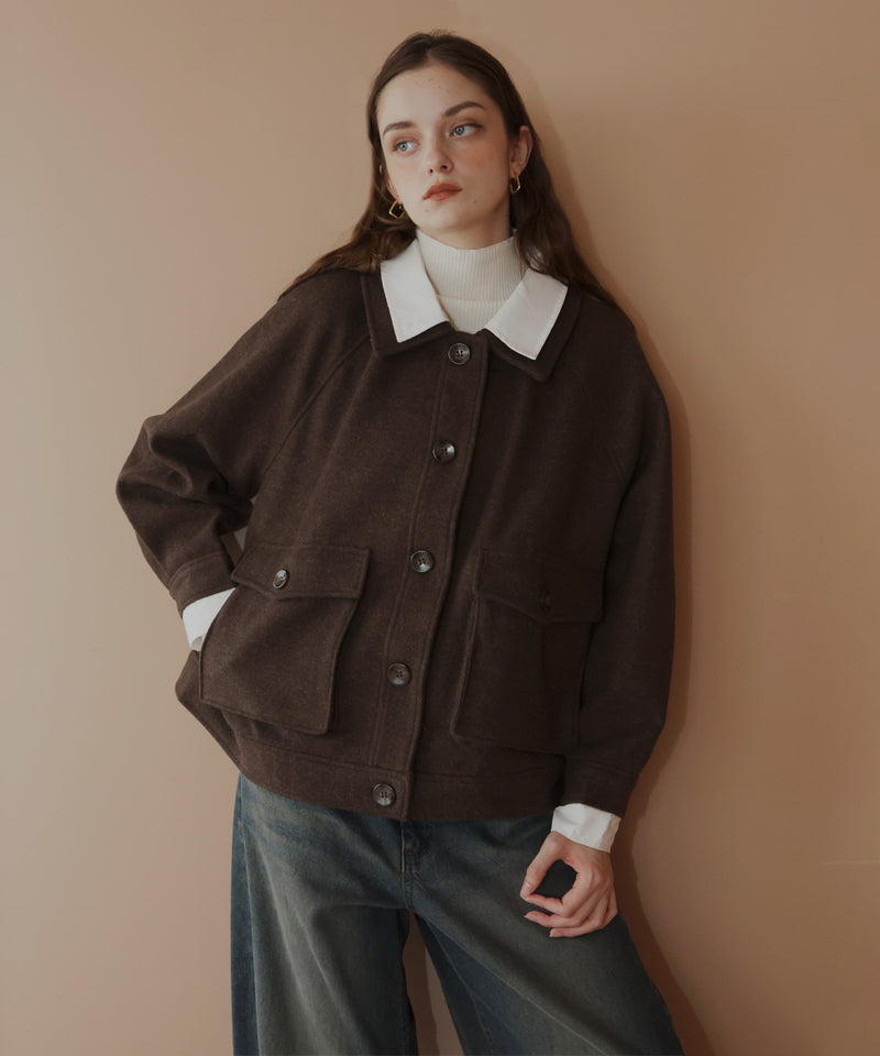 レーヤード風バイカラーネックフェイクウールジャケット