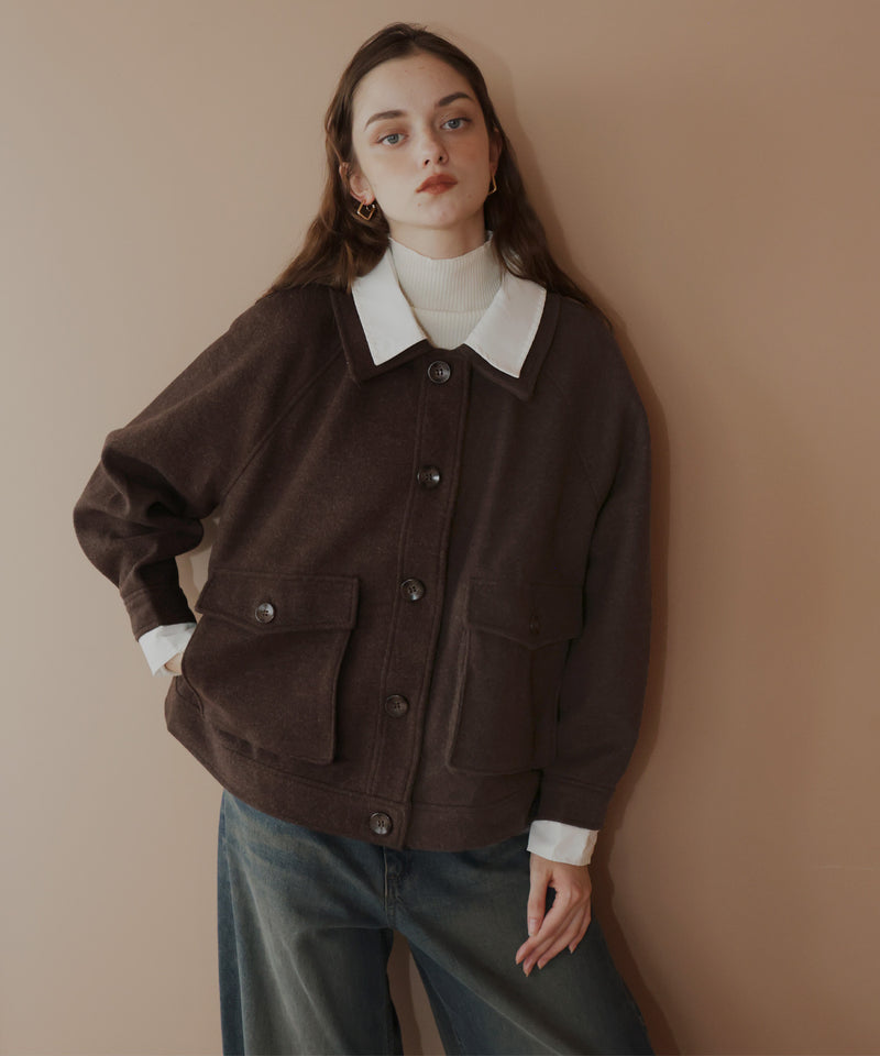 レーヤード風バイカラーネックフェイクウールジャケット