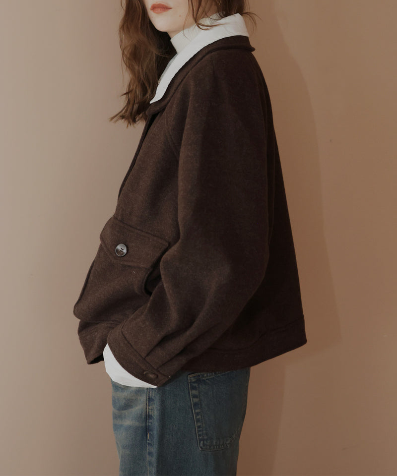 レーヤード風バイカラーネックフェイクウールジャケット