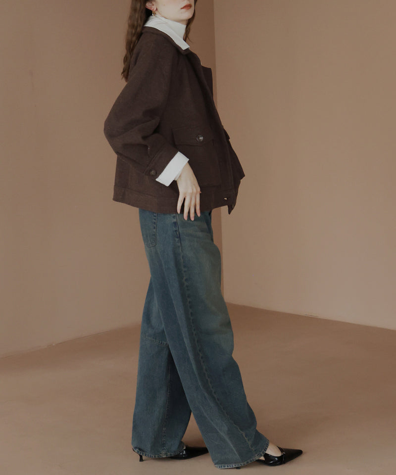 レーヤード風バイカラーネックフェイクウールジャケット