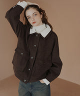 レーヤード風バイカラーネックフェイクウールジャケット