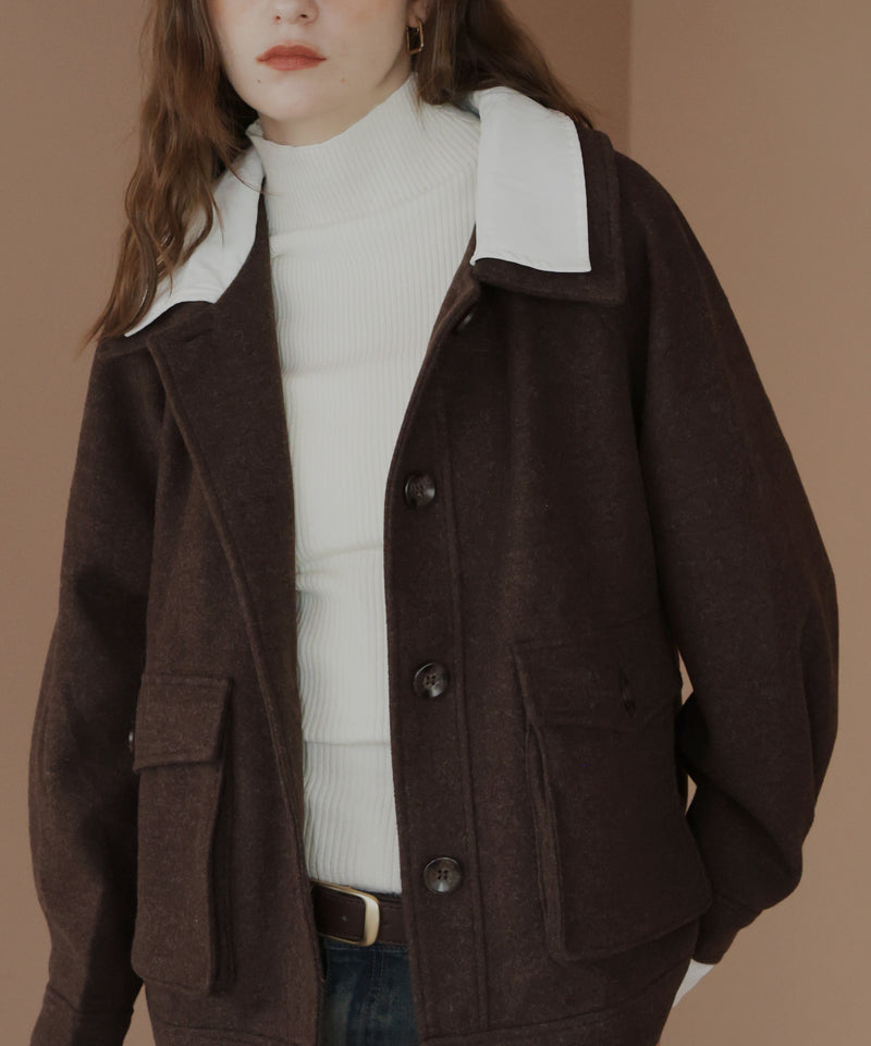 レーヤード風バイカラーネックフェイクウールジャケット