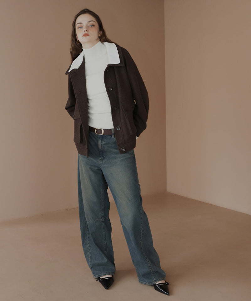 レーヤード風バイカラーネックフェイクウールジャケット