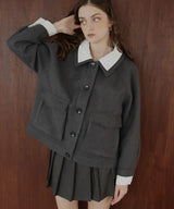 レーヤード風バイカラーネックフェイクウールジャケット