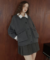 レーヤード風バイカラーネックフェイクウールジャケット