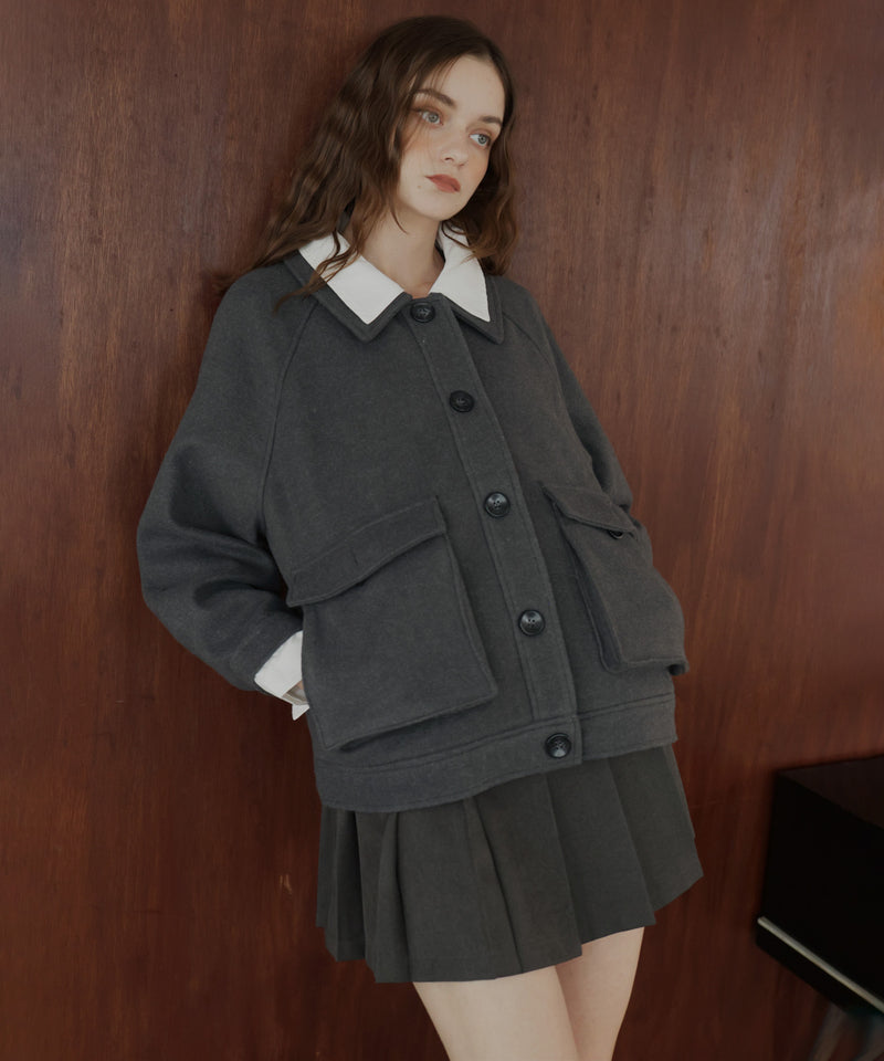 レーヤード風バイカラーネックフェイクウールジャケット