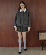 レーヤード風バイカラーネックフェイクウールジャケット