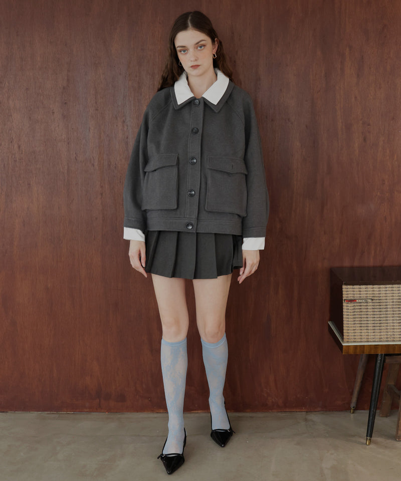 レーヤード風バイカラーネックフェイクウールジャケット