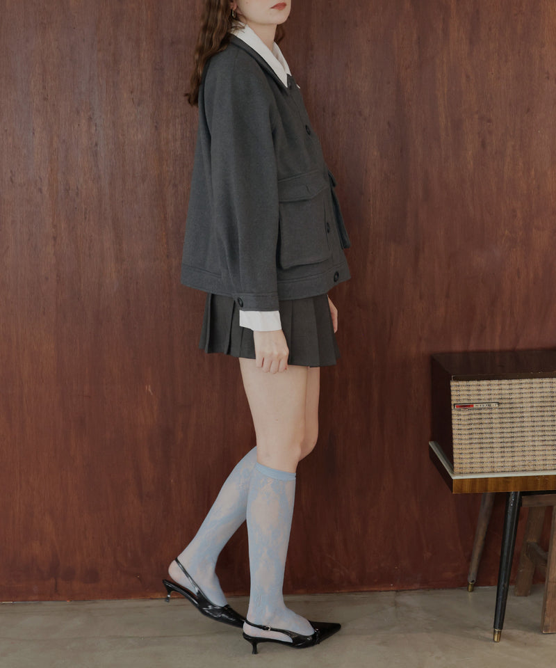 レーヤード風バイカラーネックフェイクウールジャケット