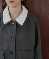 レーヤード風バイカラーネックフェイクウールジャケット