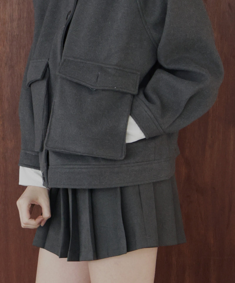 レーヤード風バイカラーネックフェイクウールジャケット