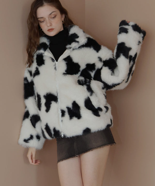 カウ柄フェイクファーダブルジップジャケット