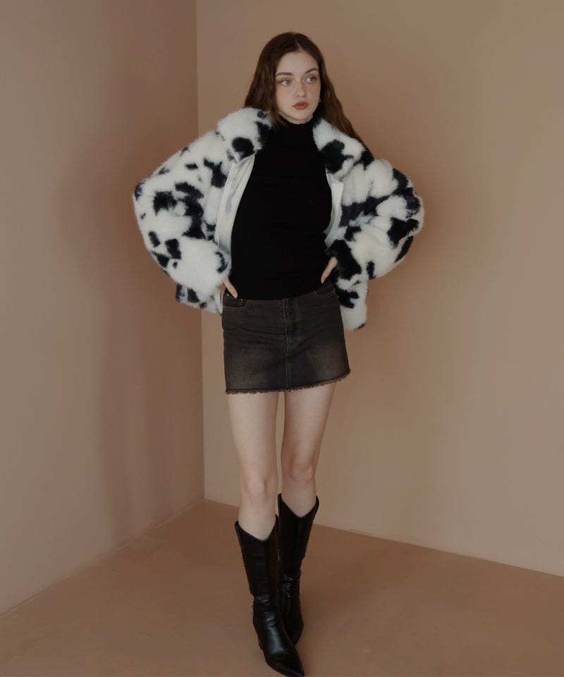 カウ柄フェイクファーダブルジップジャケット