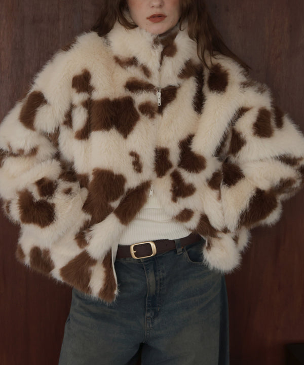 カウ柄フェイクファーダブルジップジャケット