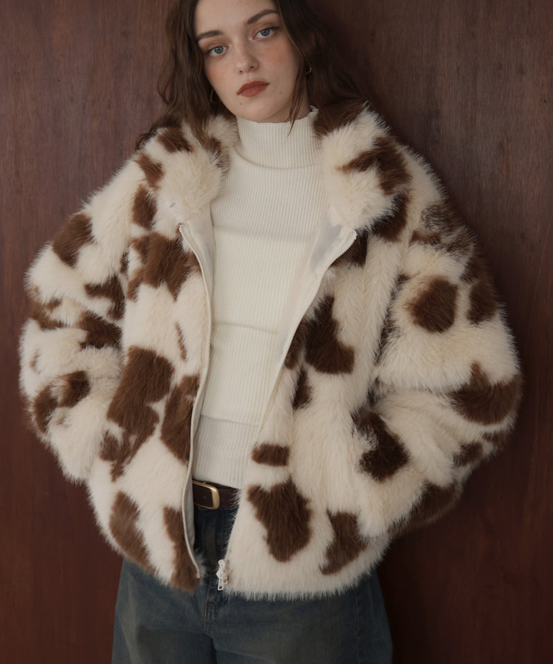 カウ柄フェイクファーダブルジップジャケット