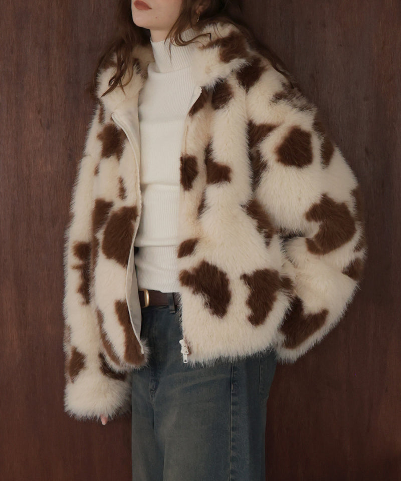 カウ柄フェイクファーダブルジップジャケット