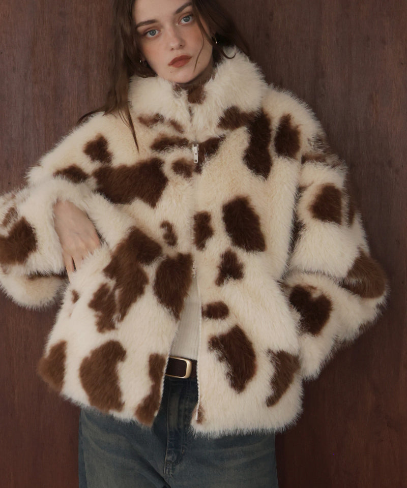 カウ柄フェイクファーダブルジップジャケット