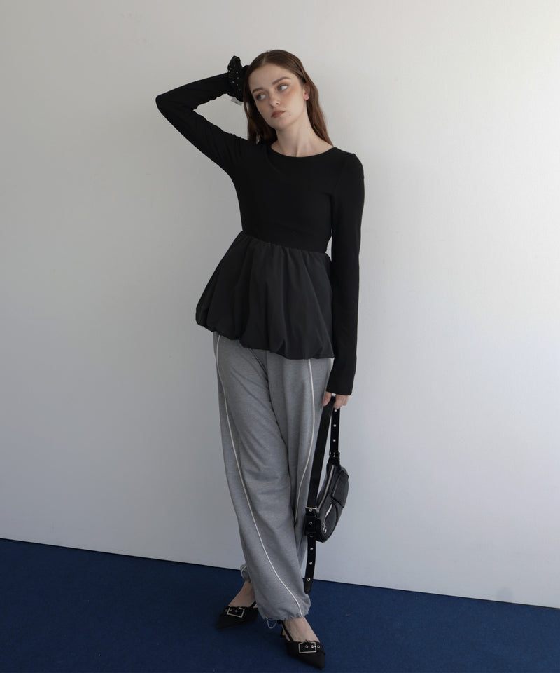 異素材切り替えバルーンフレアクルーネックリブTシャツ