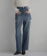 サイドカットアウト ストレートデニムパンツ