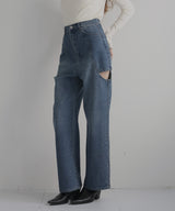 サイドカットアウト ストレートデニムパンツ