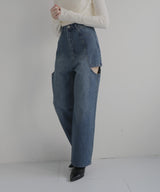 サイドカットアウト ストレートデニムパンツ