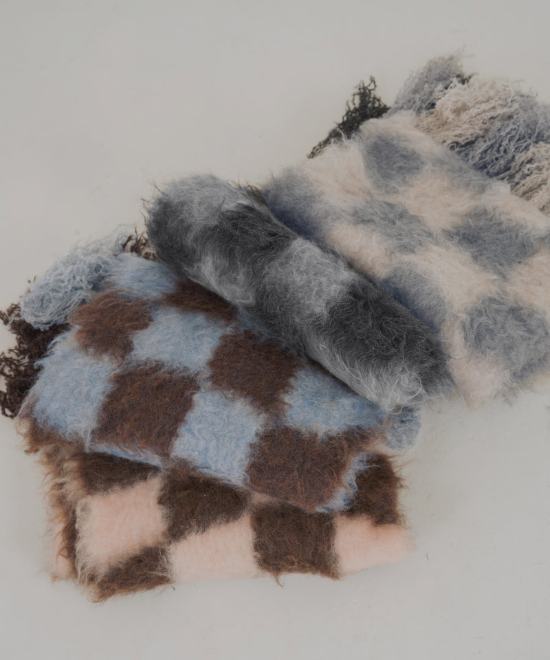 バイカラーチェックモヘアタッチシャギーボリュームフリンジカラーマフラー